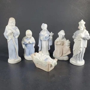 Vintage Blue Nativity Baby Jesus Mary Joseph 6 Pc Bisque Ceramic Japan MCM - Picture 1 of 24