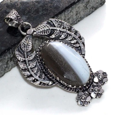 925 Silver Plated Classy Owhyee Blue Opal Leaf Pendant Gemstone 2.2" GW - Image 1 of 3