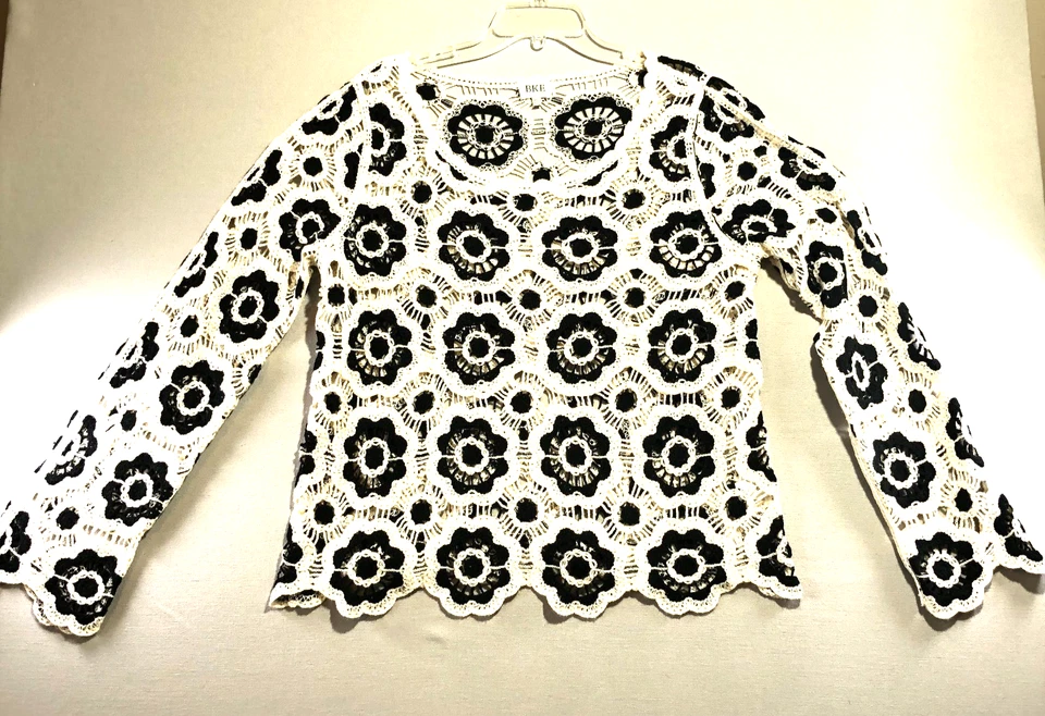 BKE крючком свитер женщин XL черный и кремовый цветы богемное - Изображение 1 из 4