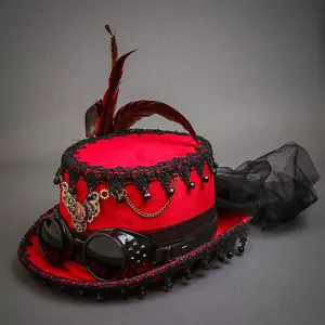 Cappello ROSSO stile vittoriano steampunk vintage BurningMan top con occhiali costume donna - Foto 1 di 4