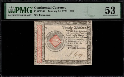 CC-92 Continental Currency - January 14, 1779 $20 - Graded PMG 53 - Image 1 of 3