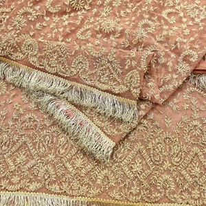 Vintage Heavy Bridal Dupatta Peach Net Mesh Long Stole Hand Embroidered Scarf - Picture 1 of 22