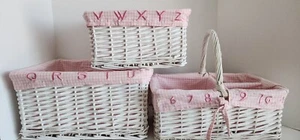 white wicker baskets with pink liner Storage Organizer Set Of 3 - Picture 1 of 23