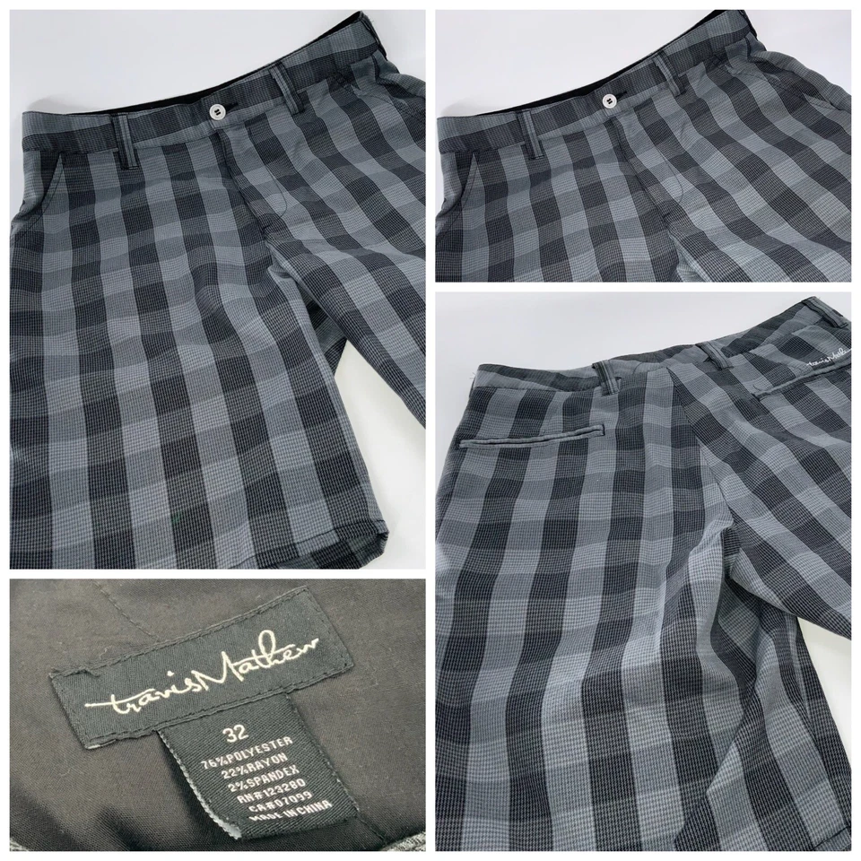 Pantalones Cortos de Golf Travis Mathew Talla 32 Gris Cuadros Poli Rayón Frente Plano YGI E2-480 Foto 1 de 4