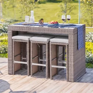6 Seater Rattan Garden Bar Set High Table & Stools Free Rain Cover Dining Grey - Picture 1 of 6