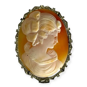 Antique Victorian Hand Carved Shell Cameo Sterling Silver Brooch Pendant 1.75" - Picture 1 of 7