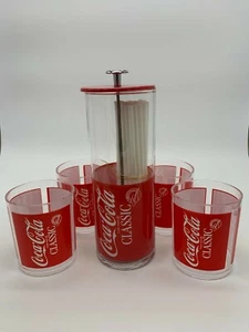 Vintage Retro Coca Cola Classic Glass Straw Dispenser with 4 Cups RARE Promo - Picture 1 of 9
