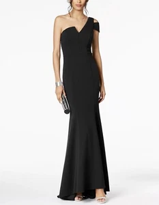 BETSY & ADAM Ella Black One Shoulder Cut-out Asymmetric Gown Dress 2 US S - Picture 1 of 3