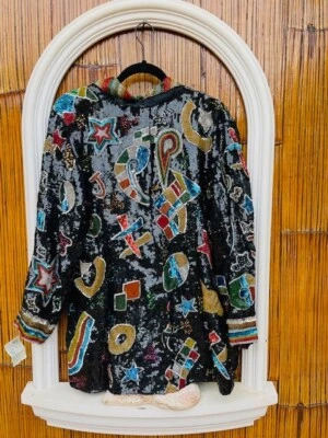 Chaqueta discoteca estilo años 70 lentejuelas negras: diseño con cuentas de colores audaces: talla M/L nueva con etiquetas Foto 1 de 4