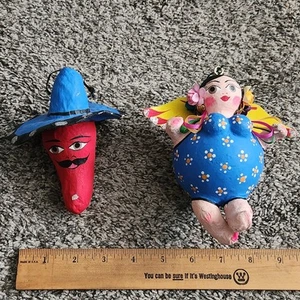 Vintage Mexico Paper Mache Ornaments Hanging Decor Chili Pepper & Angel - Picture 1 of 9