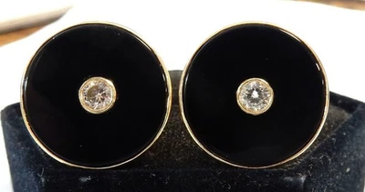 Solid 14K Yellow Gold 4mm Natural Diamond Center Black Onyx Cufflinks - Image 1 of 4