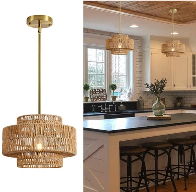 "Lámpara de araña de ratán boho de 12,4"", fijación de luz colgante tejida a mano de 1 luz" Foto 1 de 4