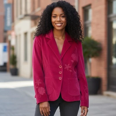 Live a Little Deep Pink Velvet Floral Embroidered Blazer Jacket Women’s M - Image 1 of 4