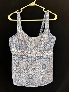 Lands End tankini TOP Only size 16 D bathing suit underwire bra blue floral - Picture 1 of 7