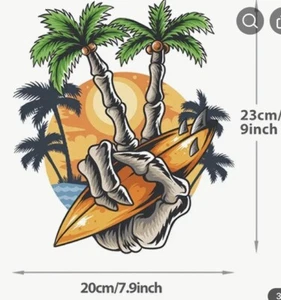 Large Skeleton Surfer Surfboard Palm Tree iron on transfer decal for t-shirt - Picture 1 of 4