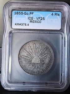 1855-Go, PF Guanajuato, MEXICO SILVER 4 REALES ICG VF25 KM# 375.4 - Picture 1 of 6