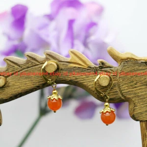 Pretty 8mm Red Jade Round Gemstone Beads Dangle Gold Leverback Earrings - Picture 1 of 12