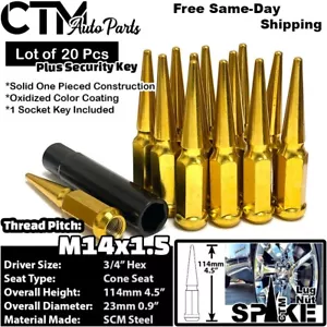 20x 4.5" Gold 14x1.5 Spike Lug Nuts 3/4" Hex Fit Toyota Lexus Aftermarket Rims - Picture 1 of 4
