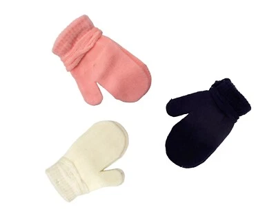 Baby Mittens Mitts String Knitted Gloves Winter Infants Pink Cream Blue Mitt UK - Image 1 of 4
