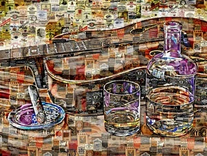 Art Collage Poster Whiskeyflasche mit Gitarrendruck aus Whiskey-Etiketten - Bild 1 von 9