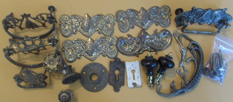 OLD GROUP OF BRASS ONLY, NO IRON, MISC ANTIQUE ORNATE DRAWER PULLS, & KNOBS etc Cover