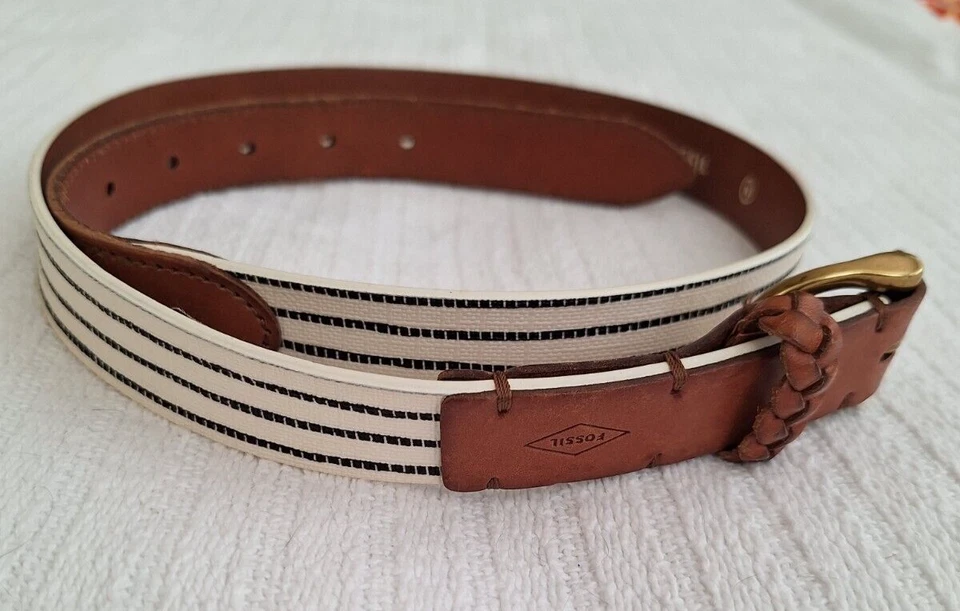 Vintage Fossil Belt Cream/Blue Stripe Leather Accent Size M Women's - Image 1 of 4