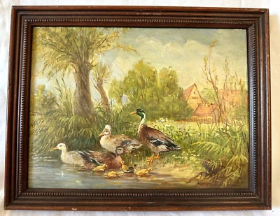 Vintage Signed Mohacsi i. Oil Painting on Wood Panel Family of Ducks - Image 1 of 4