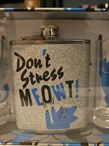 Don't Stress Meowt 7oz Stainless Steel Hip Flask Shot Glass Set Wink Mothers Day - Picture 1 of 1