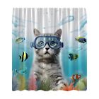Funny Cat Shower Curtain Tropical Ocean Cute Kitten Swimming in Teal Blue Sea...