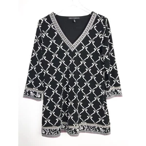 White House Black Market Top Womens Medium Black Purple Floral Tunic Artsy - Picture 1 of 8