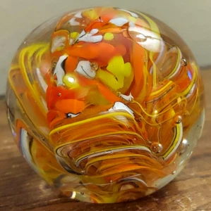 Swirl Art Glass Paperweight Hand Blown Orange Ribbons - Picture 1 of 9