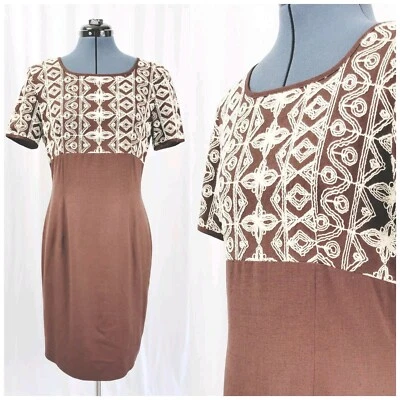 Vintage Yves Cosette Depeche Mode Brown Dress w Cream Embroidery Size 8 - Image 1 of 4