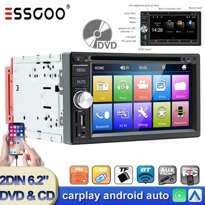 CD DVD Player 2 DIN Car Stereo 6.2" Touch Screen Wireless Carplay w/ USB BT AUX - Image 1 of 4