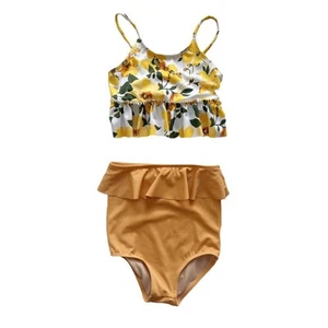 Kortni Jeane Yellow Floral Top + Toasted Brown Bottoms Swim Set Size 6/7 - Picture 1 of 5