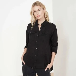 James Perse Button Down Blouse Top Shirt Womens 3 Large Black Long Sleeve Cotton - Picture 1 of 11