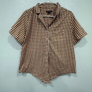 Camisa Top FRENCH CONNECTION Marrón Guinga Cuadros Manga Corta Cuello Abotonado M - Imagen 1 de 7