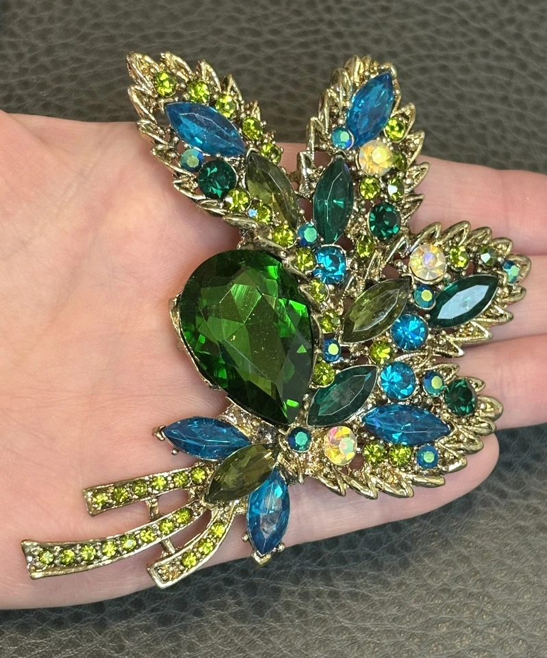 Large Huge Rhinestone Green & Blue Feather Leaf Gold Tone Brooch 4” - Image 1 of 4