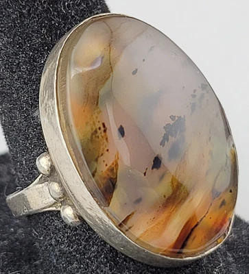 Signed FCG Antique Old Pawn Native American 27mm Moss Agate Sterling Silver Ring - Image 1 of 4