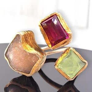 Brutalist Ring Ruby Peridot Rose Quartz Gold Vermeil 925 Silver Gemstone Size 7 - Picture 1 of 6