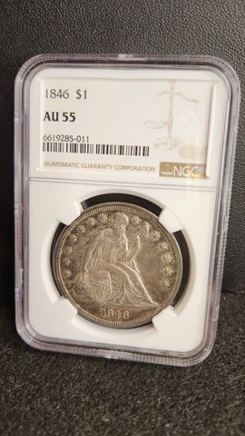 1846 US Seated Dollar. NGC AU-55 ! Cover