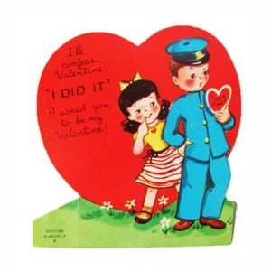 Vintage Valentine Card Die-Cut Signed Ameri-Card 4"x4" Stand-Tab Girl Boy Heart - Picture 1 of 2