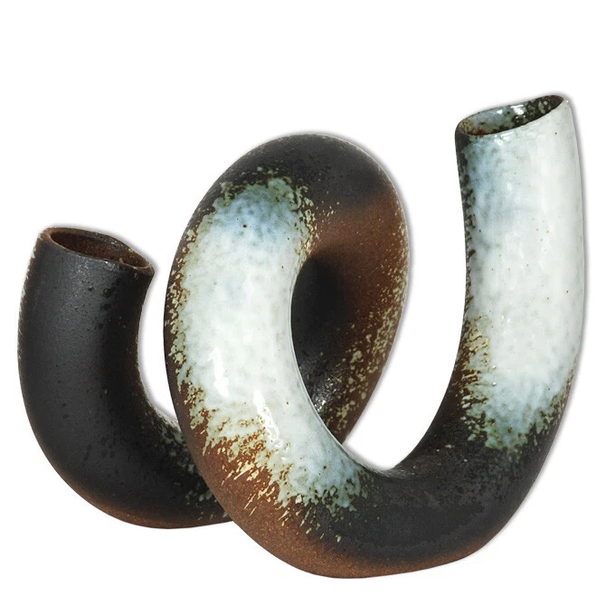Jarrón Ikebana japonés de 7,5" H marrón blanco anillos tubo rizado espiral hecho en Japón Foto 1 de 1