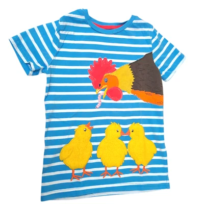 Mini Boden 7-8y Chicken Family Shirt Top Rooster Chicks Blue Stripe T Shirt - Image 1 of 4