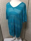 Teal Crochet Sweater Faded Glory 1X 16W Pattern Short Sleeves V Neck Stretchy