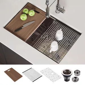 30" Undermount Workstation 16 Gauge Single Bowl Stainless Steel Kitchen Sink - Picture 1 of 20