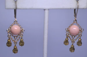 VTG GOLD FILLED VICTORIAN REVIVAL 8.2 MM CORAL DANGLE PIERCED LEVERBACK EARRINGS - Picture 1 of 7