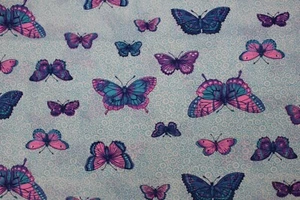 Vintage Fabric Retro Butterflies Blue Purple Pink Floral Flowers 3 Yards - Picture 1 of 2