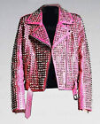 New Women's Baby Pink Silver Studded Punk Rock Belted Biker Leather Jacket-848