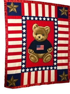 Patriotic Bear Fleece Blanket Red Satin Trim Flag Red White Blue Stars 48x60 - Picture 1 of 14