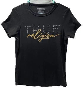 True Religion Top T-Shirt Women's Size Medium Black Silver Gold Spell Out - Picture 1 of 16